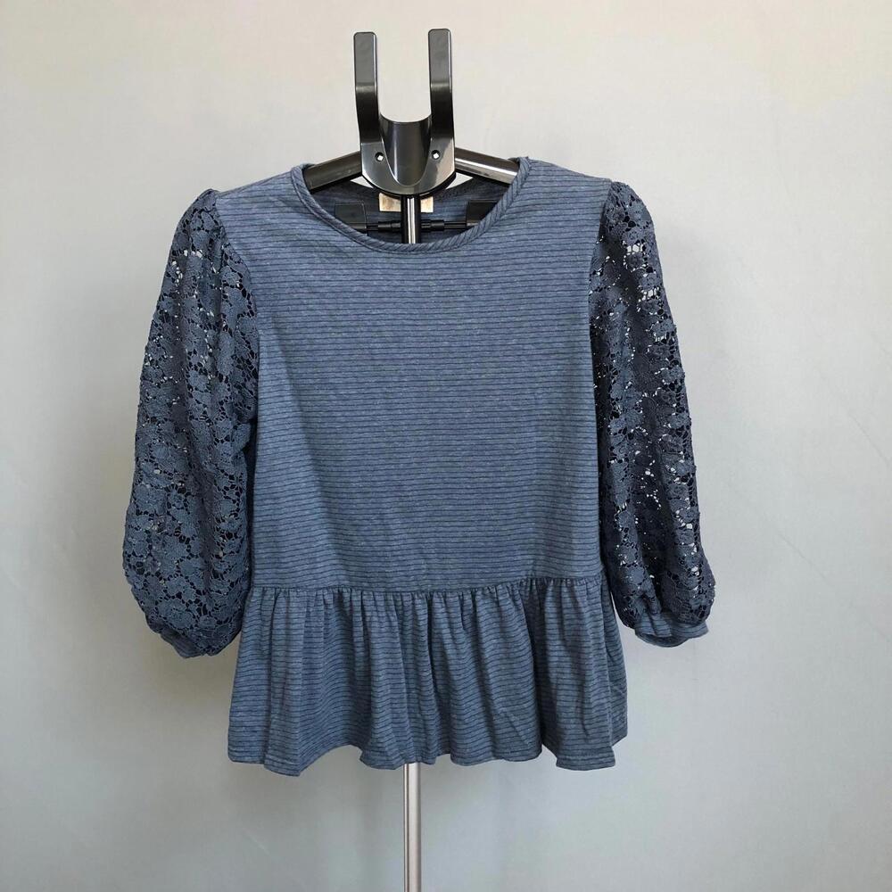 Altar'd State Striped Pullover Top in Blue with Balloon Lace Sleeves MEDIUM